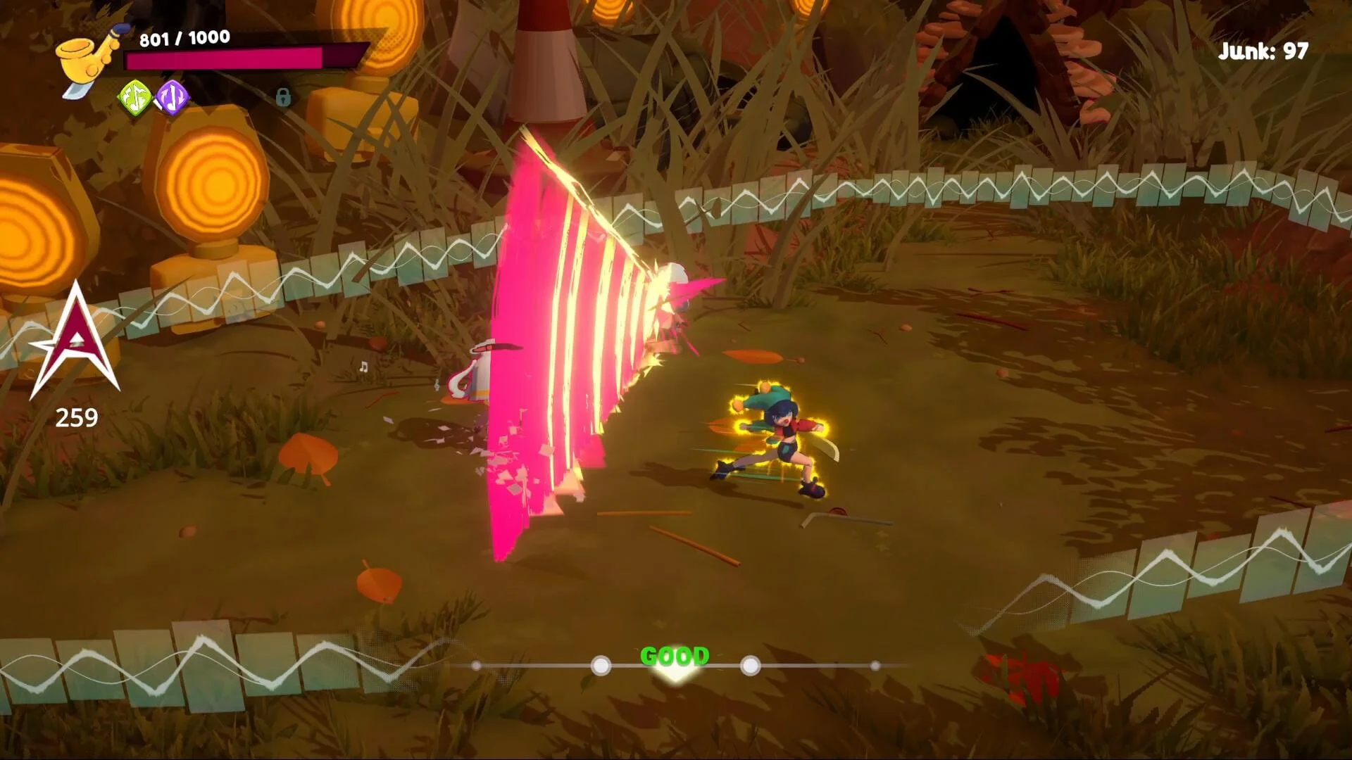 Pink slash through a waveform fence, timing word GOOD, Junk 97, girl glowing yellow in dry grass
