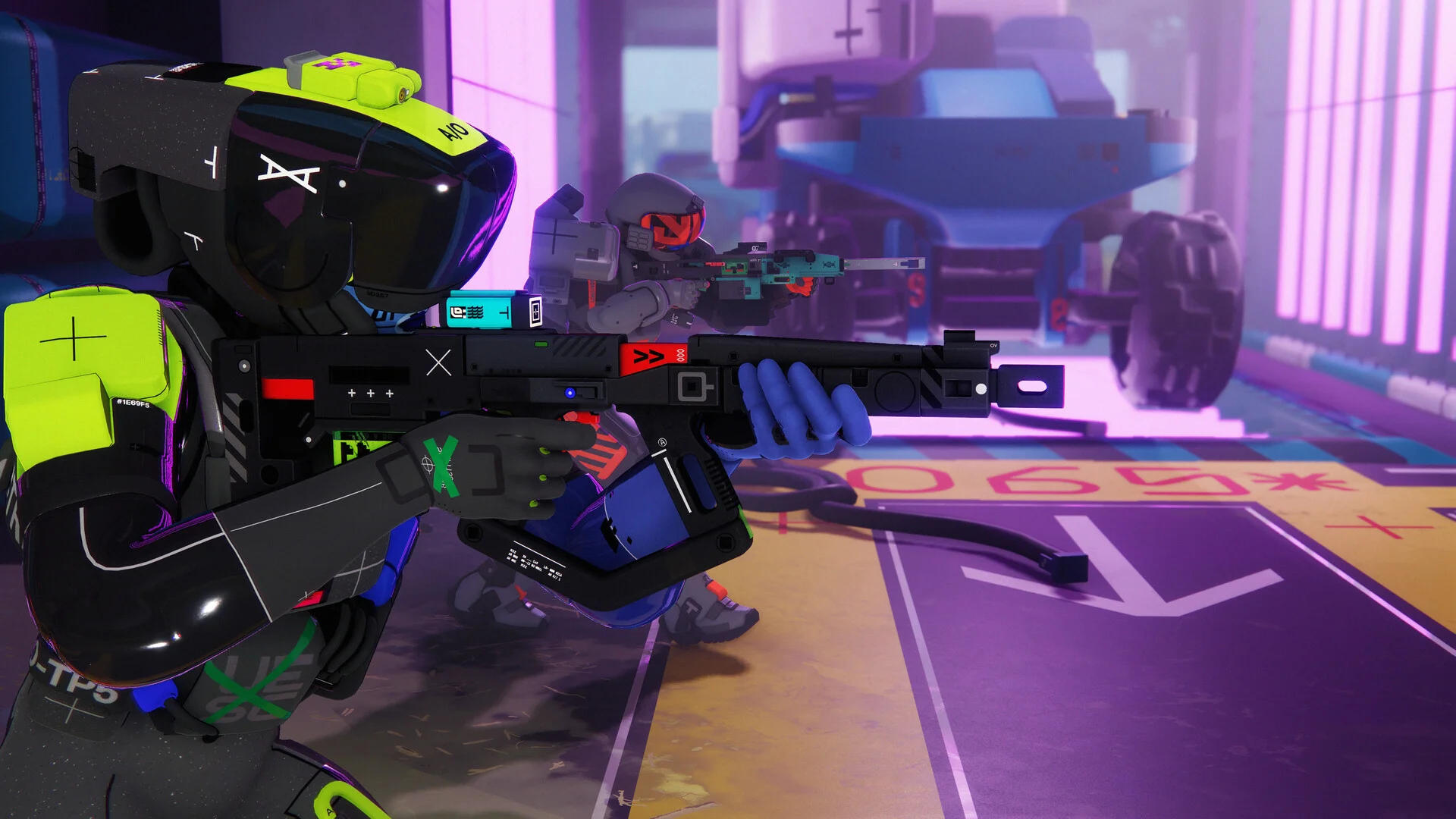 A runner in a lime visor aims a black rifle in a purple bay, with a second runner behind