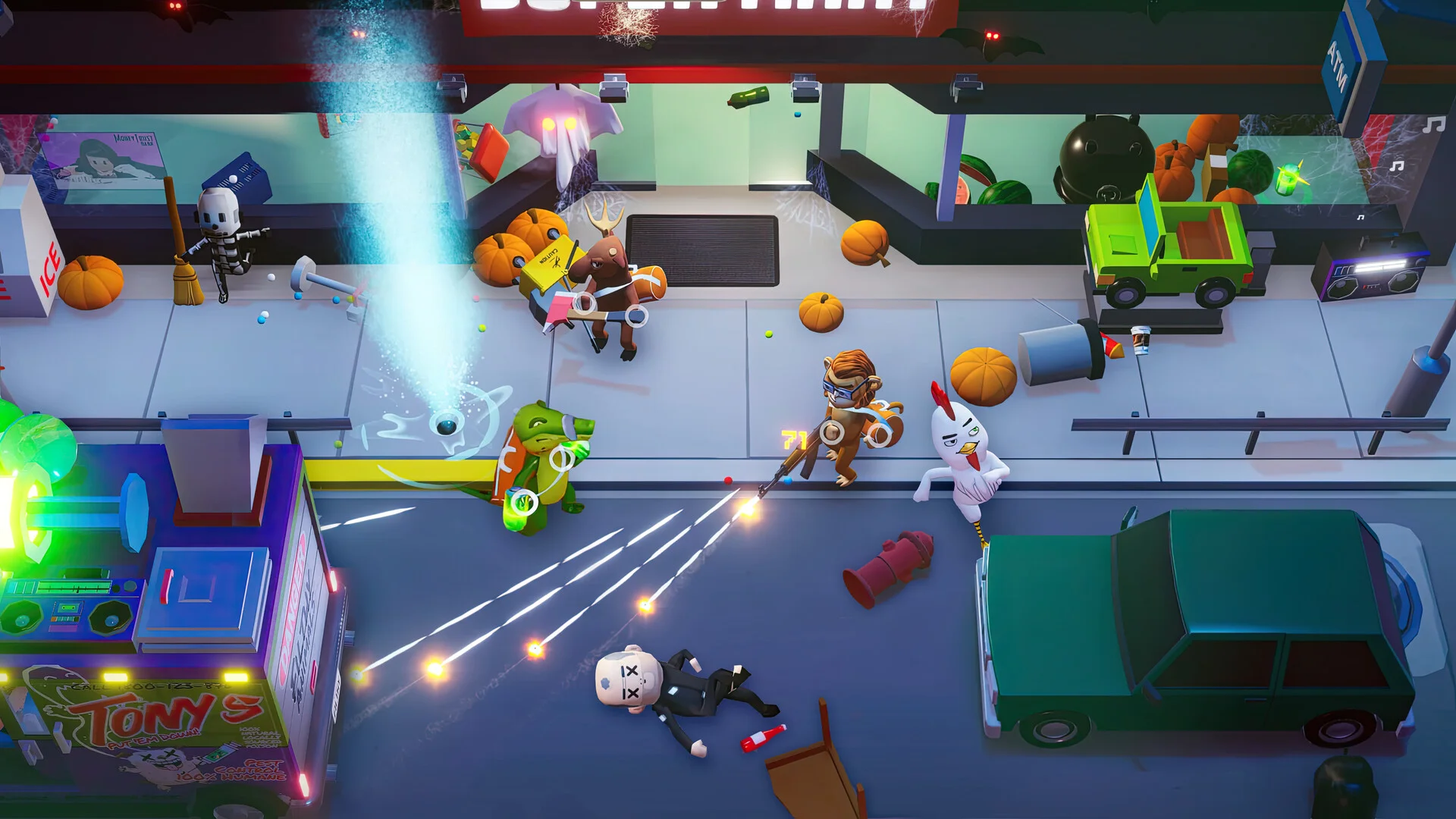 Mutant animals shooting outside a SuperMart with a Tony food truck