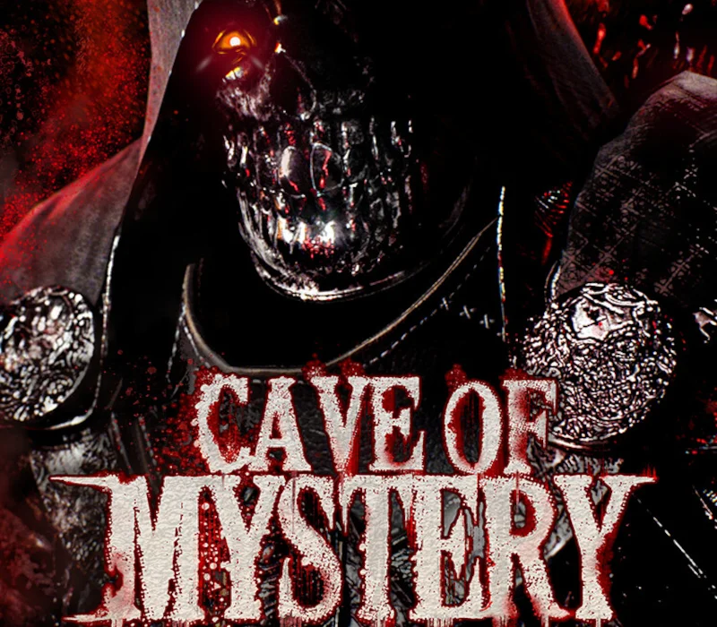 Cave of Mystery cover, hooded metallic skull with one orange eye, dripping red CAVE OF MYSTERY title