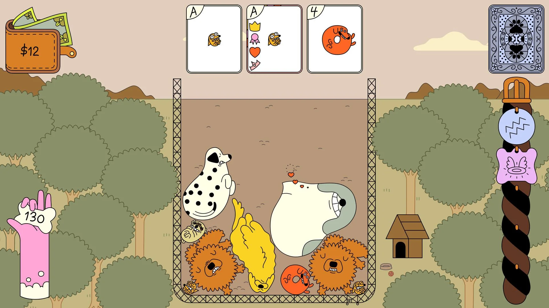 Day kennel: dalmatian and white dog over brown pups, Ace Ace 4 cards, wallet $12