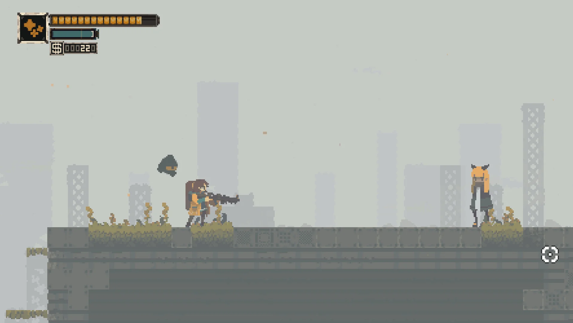 Pixel girl with a rifle on a metal rooftop facing a blonde horned figure, grey city silhouettes, $000220
