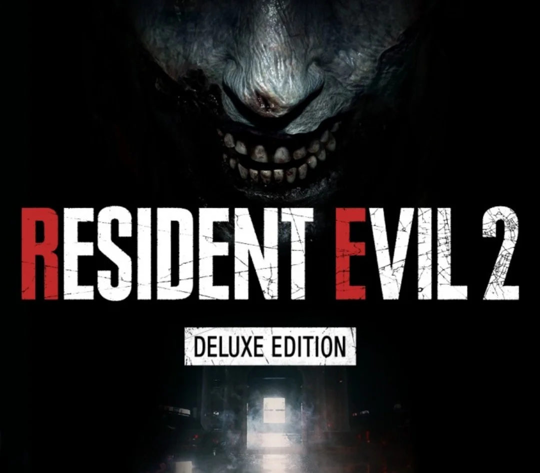 RESIDENT EVIL 2 Deluxe Edition cover: grinning pale face over a foggy corridor and Deluxe badge