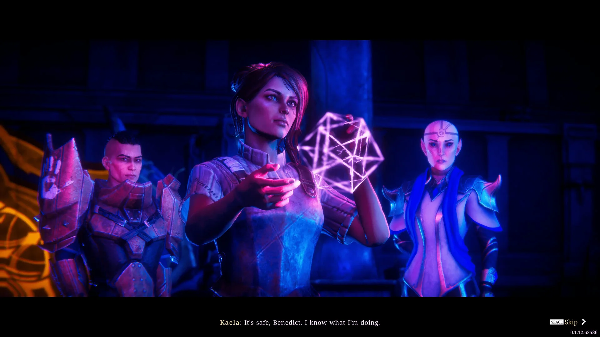 Cutscene: Kaela holds a glowing icosahedron, subtitle It is safe, Benedict. I know what I am doing