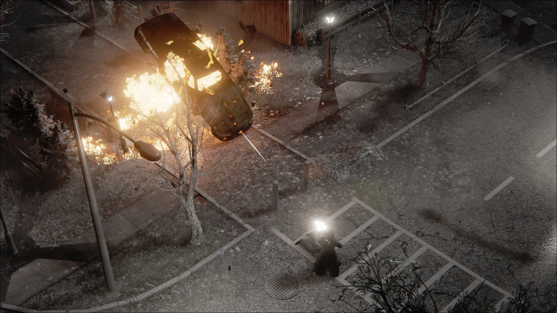 Isometric suburban parking lot: protagonist shooting at a burning overturned vehicle, white parking lines and a wooden fence