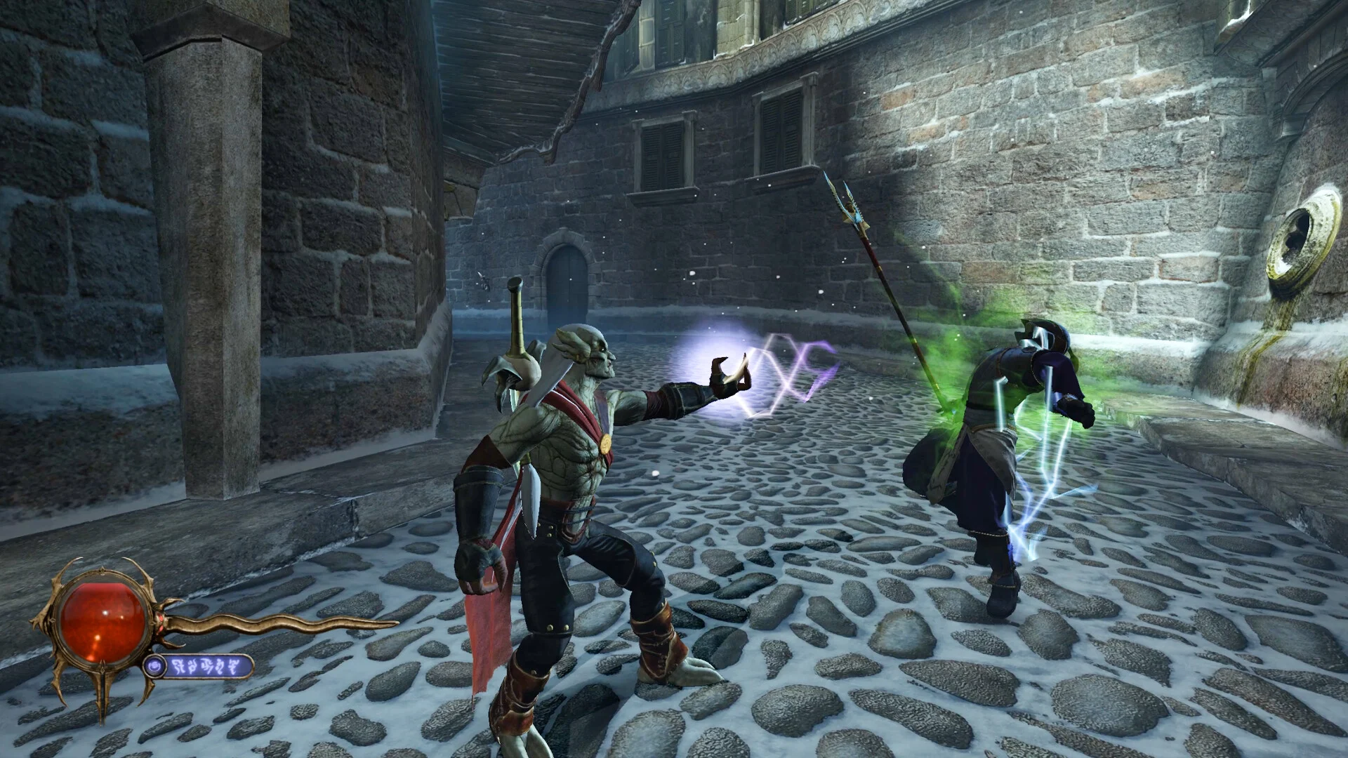Snowy cobblestone courtyard where a pale red-sash warrior casts a purple sigil at a hooded spearman wrapped in lightning