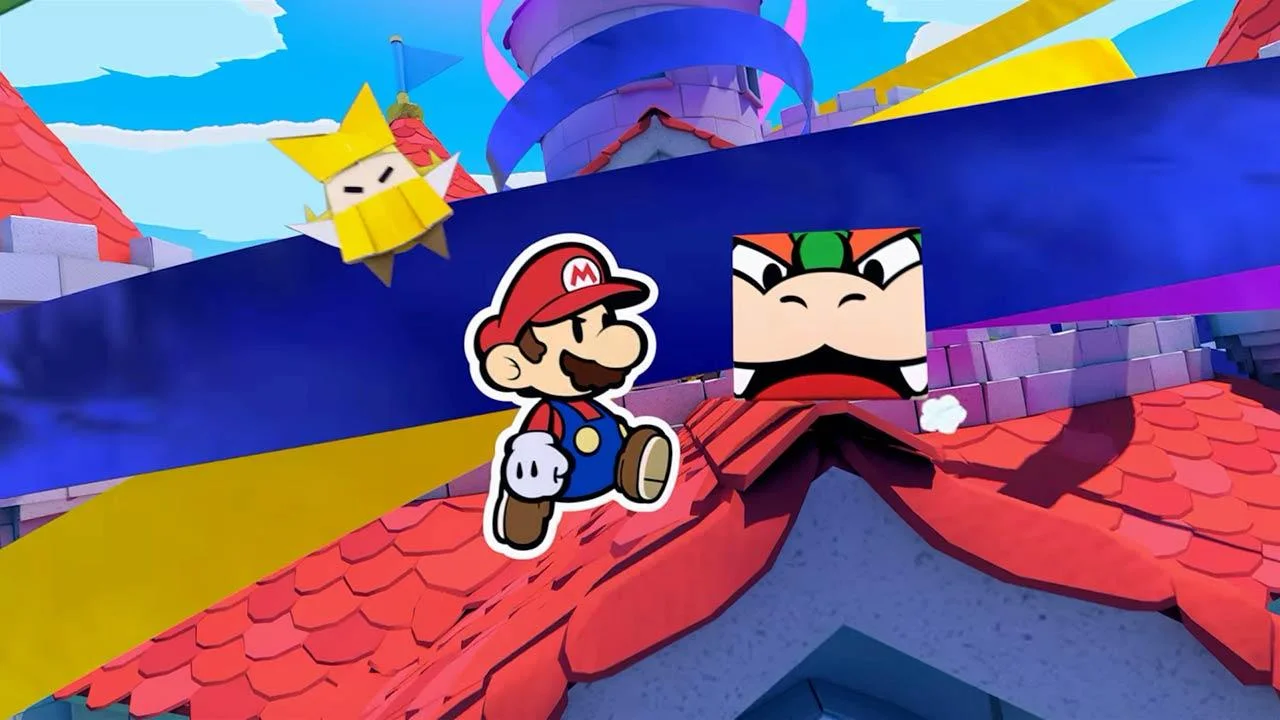 Mario and an angry paper character on a red folded roof.