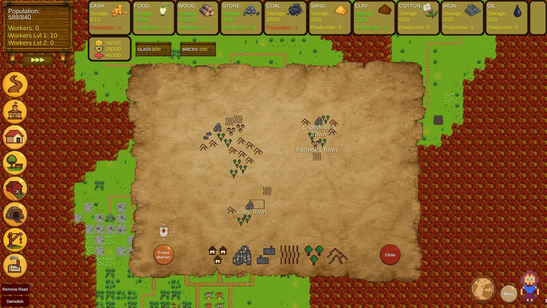 Parchment map marking Expedition Town, Farmers Town and Clay Town