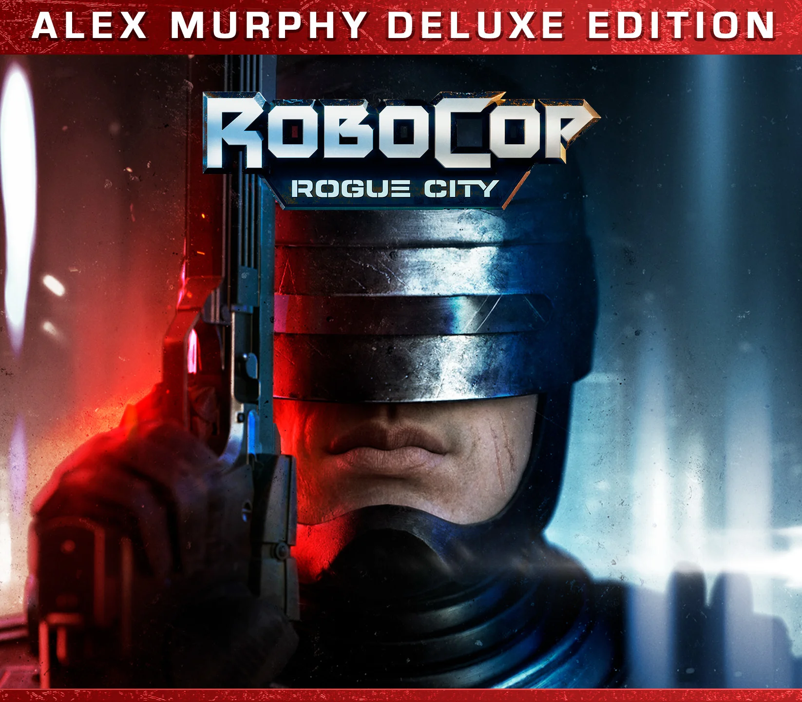 RoboCop Rogue City Alex Murphy Deluxe Edition cover with RoboCop’s helmet in red light.