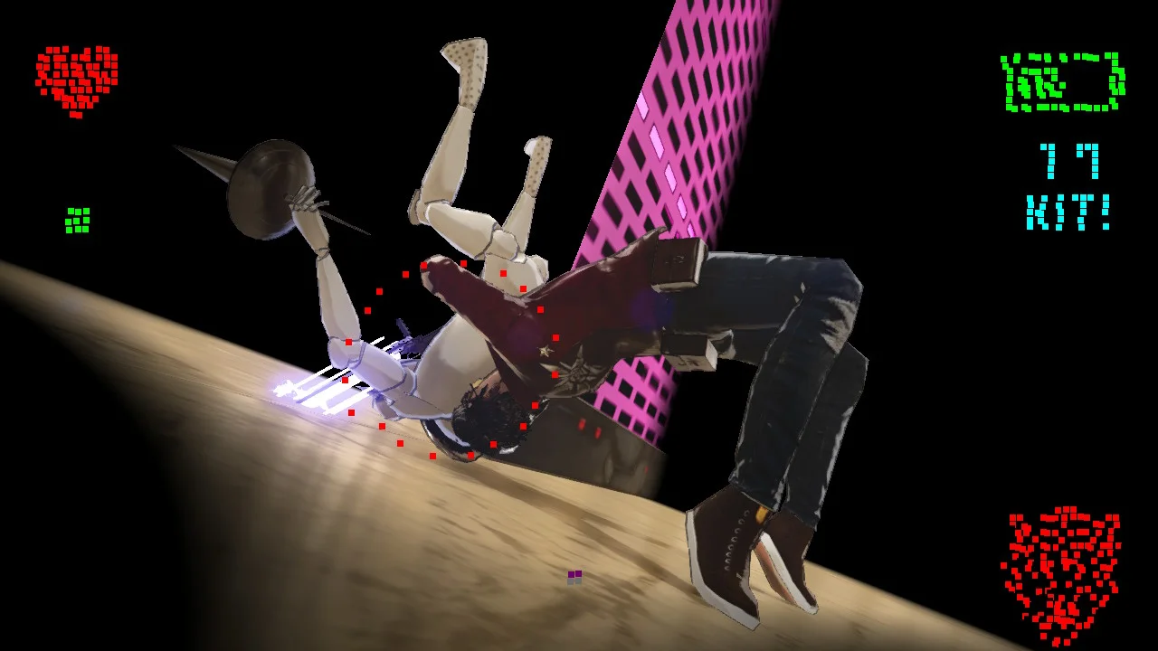 A fighter knocked down on a pink grid floor