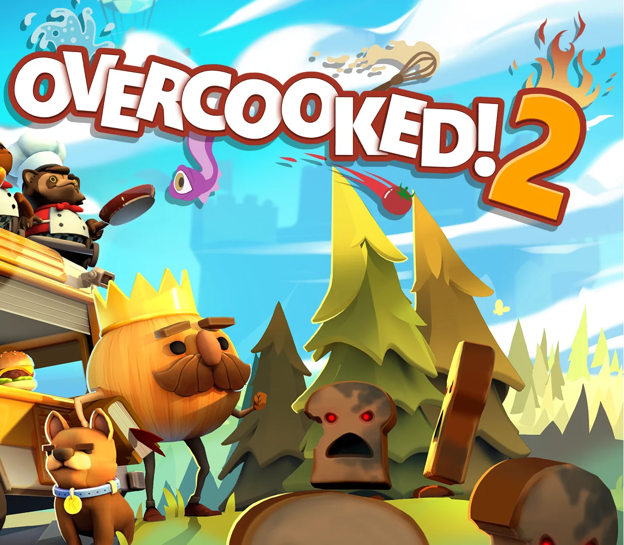 An onion king and chefs in a van face glowing toast enemies under the Overcooked! 2 logo