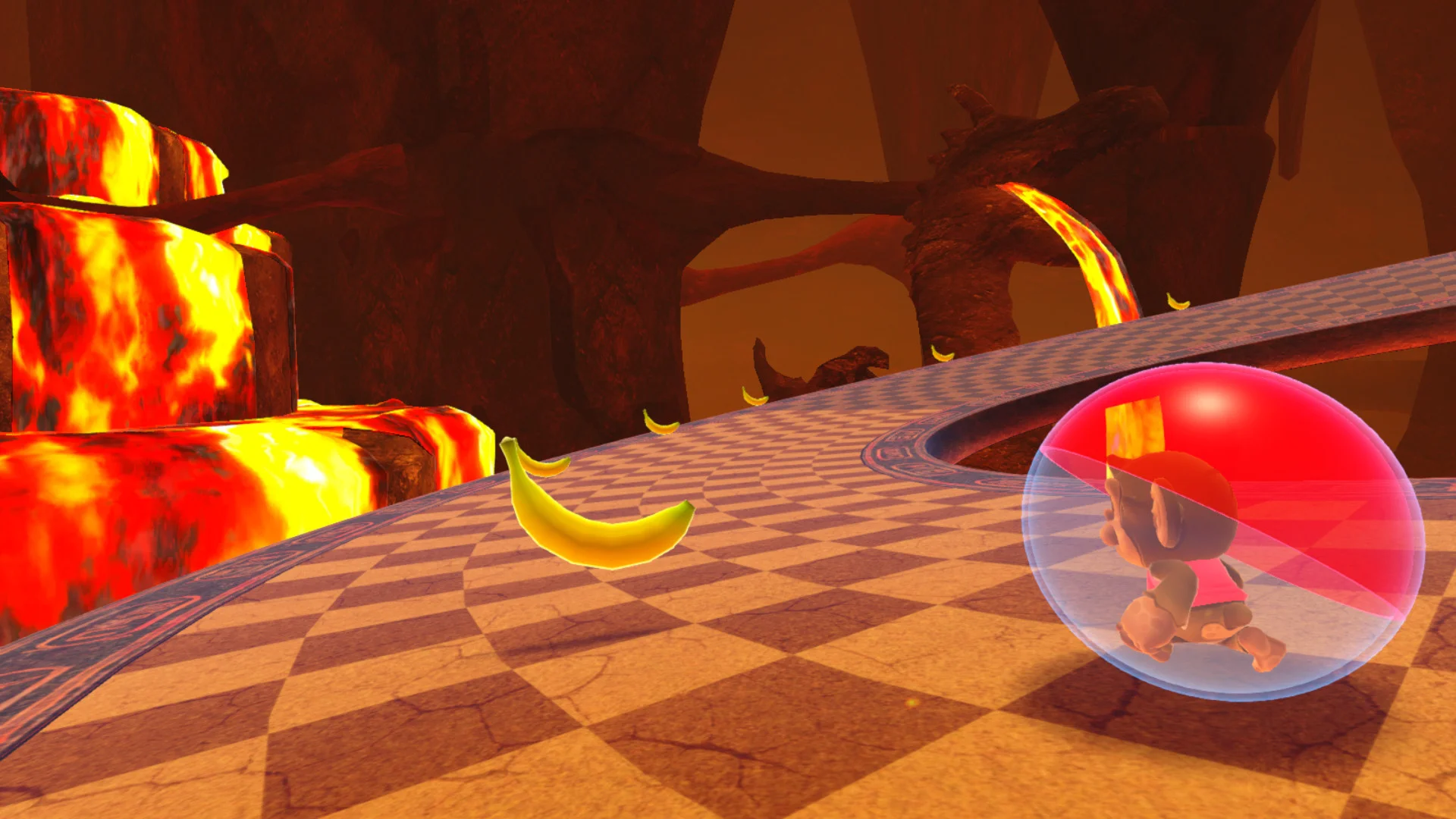 The ball rolls on a checkered floor toward a purple plant and hanging bananas.