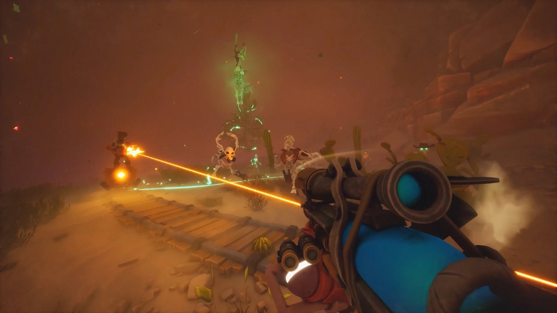 First-person blue tank gun firing an orange beam along desert rails, green glowing cactus tower, skeleton and robot allies, cactus gunmen