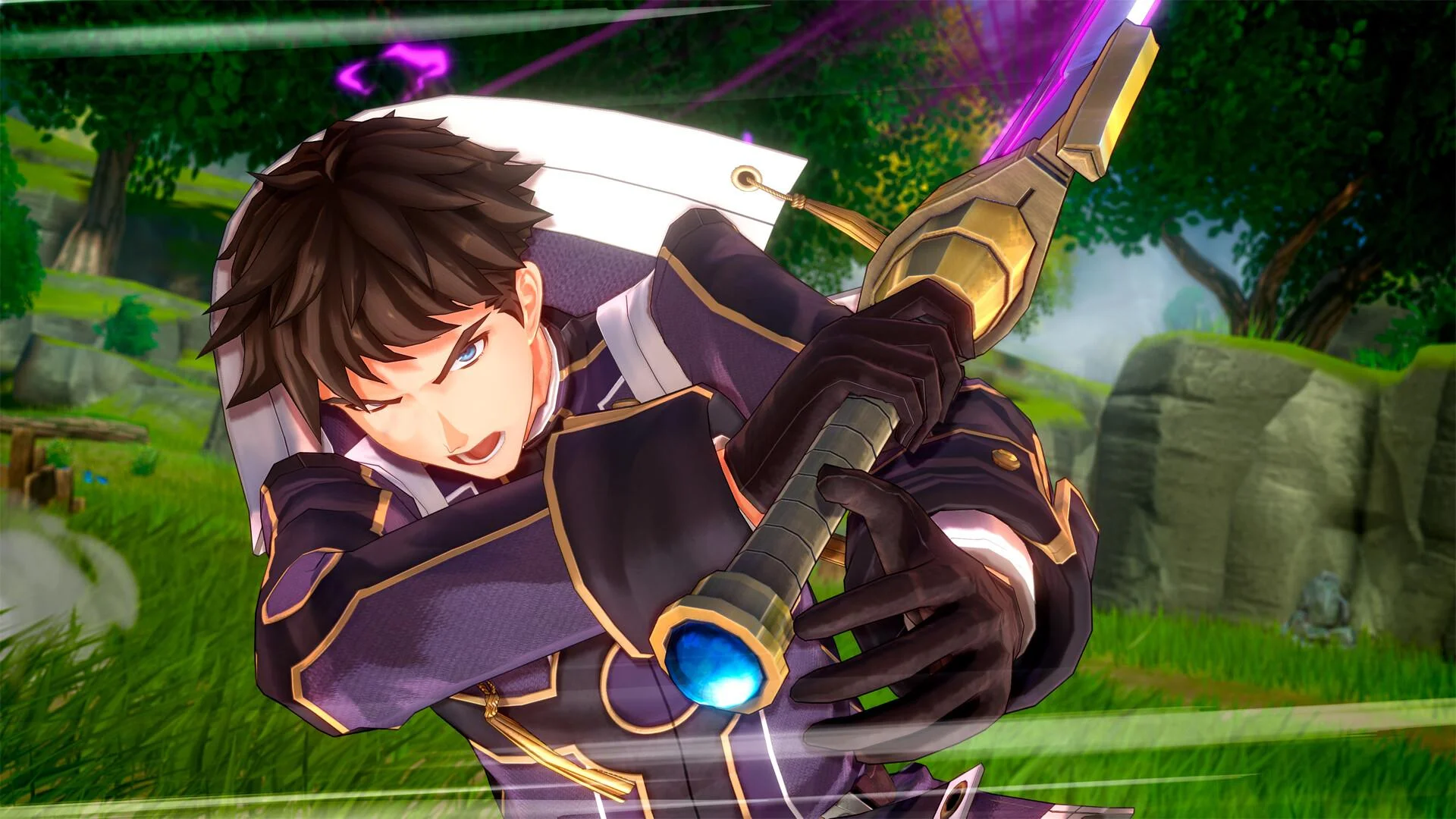 Close view of a dark-haired fighter with a glowing weapon