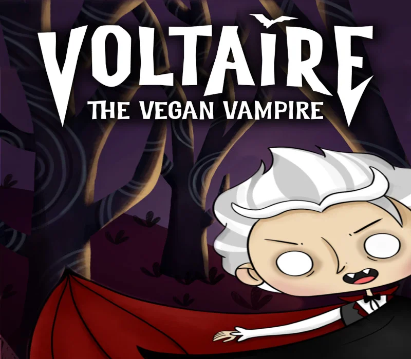 Cover: white-haired cartoon vampire in a red-lined cape glides through a purple forest under the Voltaire The Vegan Vampire title