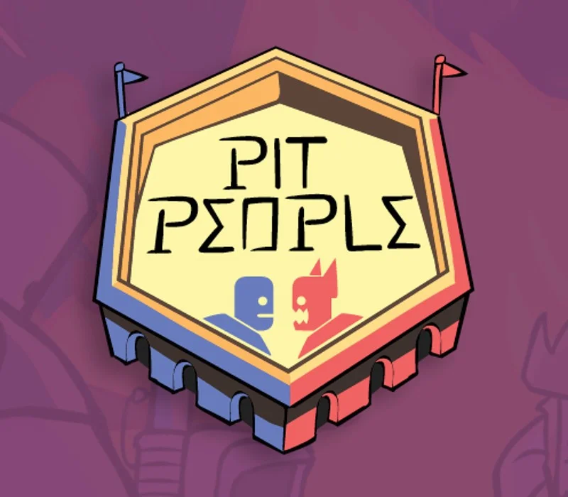 Pit People logo inside a wooden hexagon on a purple field