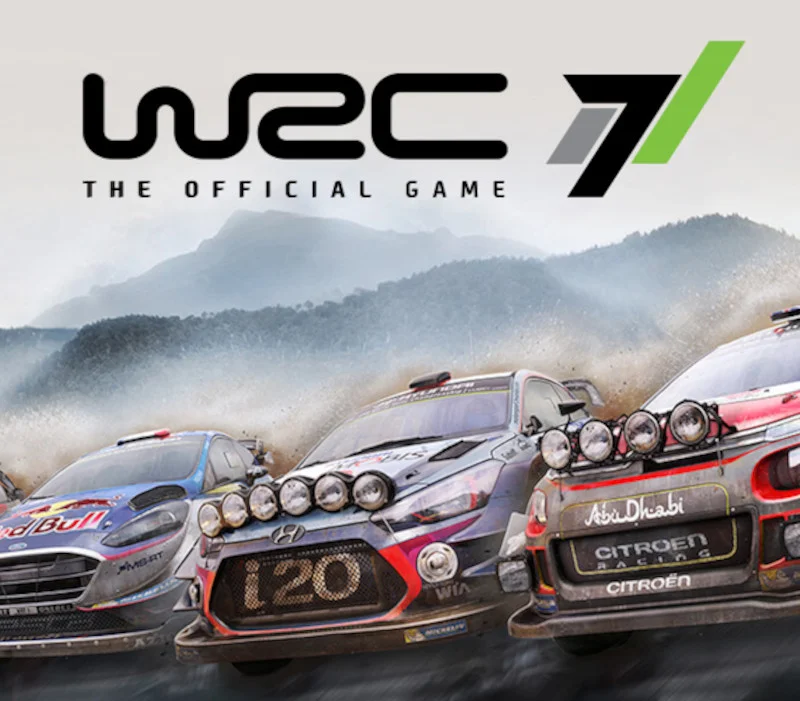 WRC 7 The Official Game logo above three dirt-splashed 2017 rally cars: a blue Ford, a Hyundai i20 with roof lights and a red Citroën, mountains behind