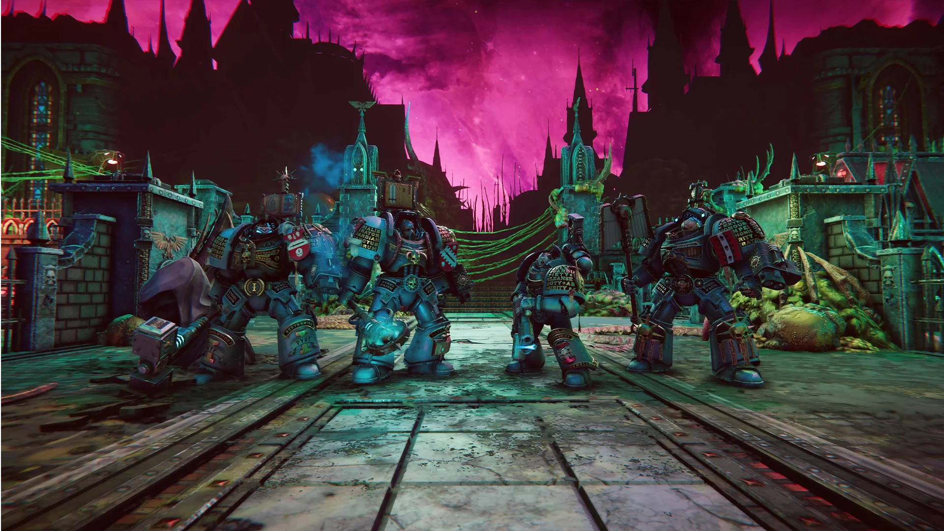 Four Grey Knights on a stone walkway under a magenta sky, ruined gothic towers and green warp growth around them