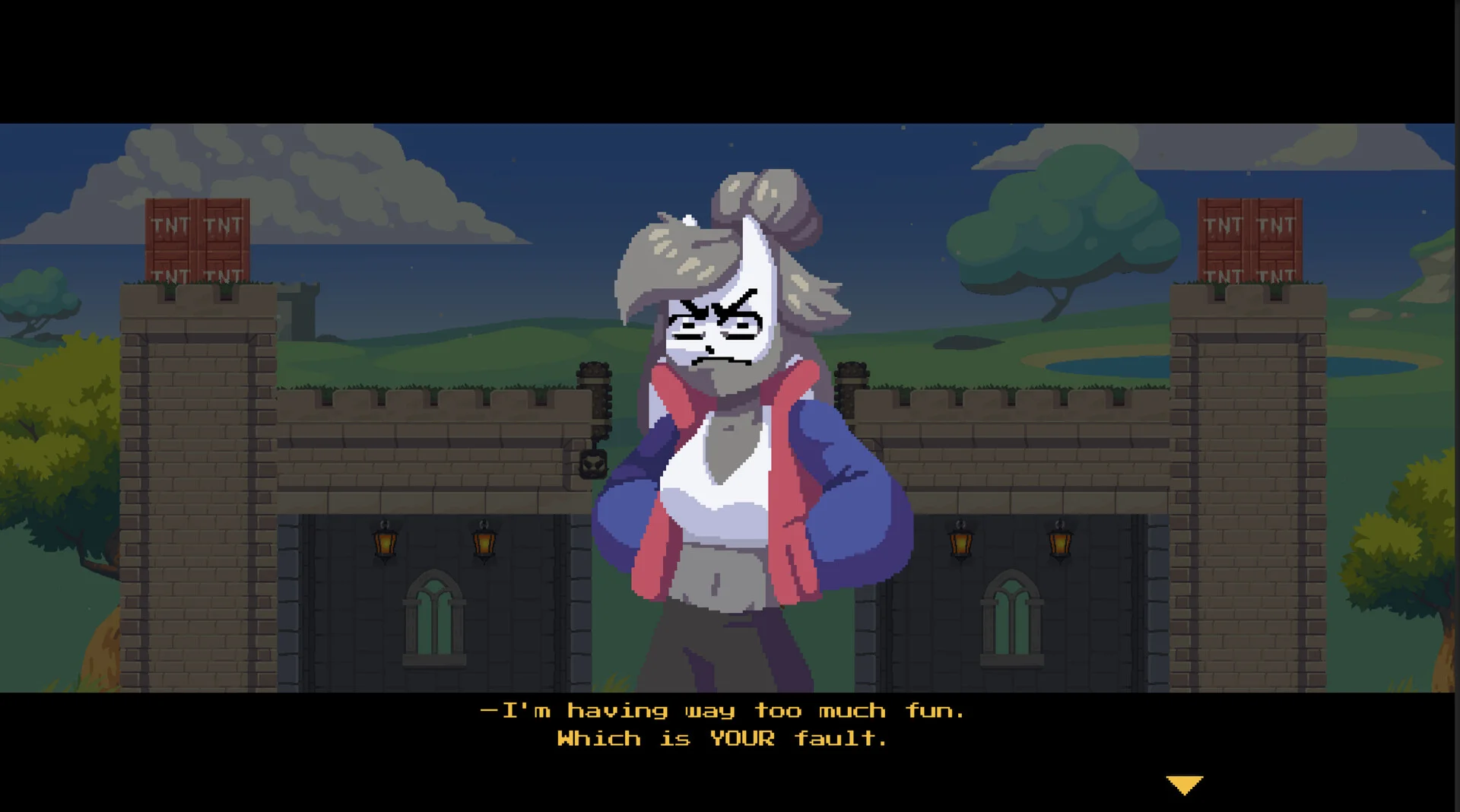 Grey-white character with a bun and red jacket at a TNT-lined castle saying the fun is your fault