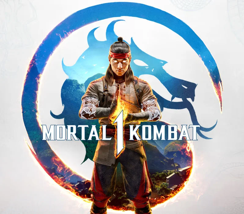 Liu Kang stands with flaming hands inside a dragon yin-yang ring under the Mortal Kombat 1 logo