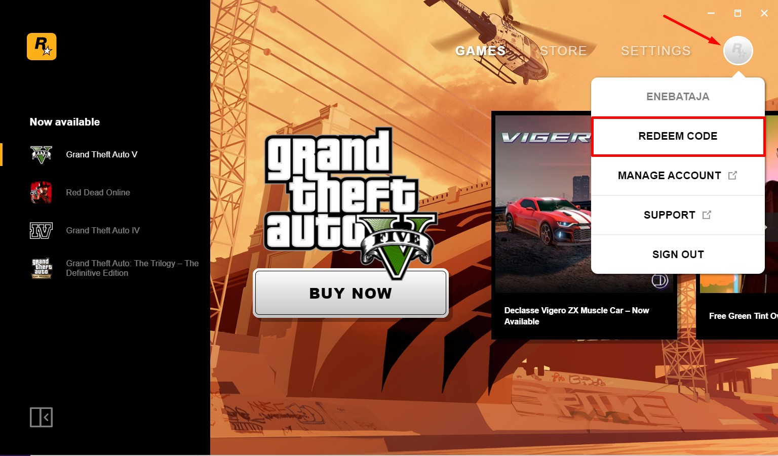 Rockstar Games Launcher redeem code button
