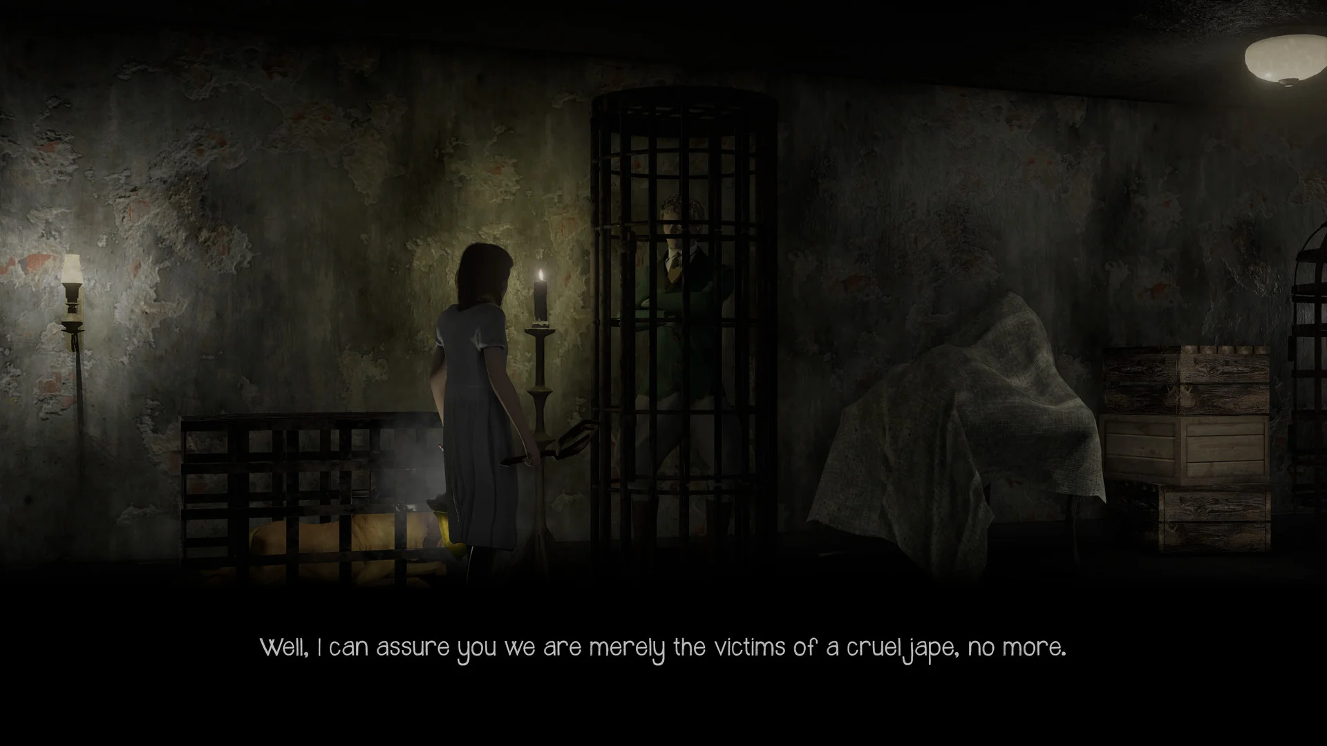 A girl with a candle faces a large creature in a barred room.