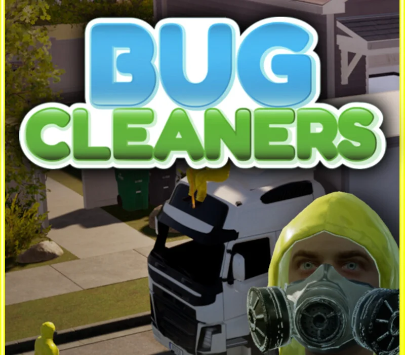 Bug Cleaners cover, BUG CLEANERS title in blue and green, yellow hazmat with a gas mask, white cab, yellow dummy on a suburban drive