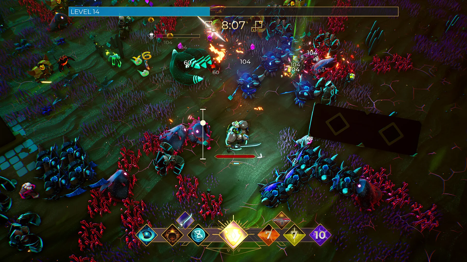 Level 14 coral field: blue beetle enemies, red grass, ability diamonds 7 7 10