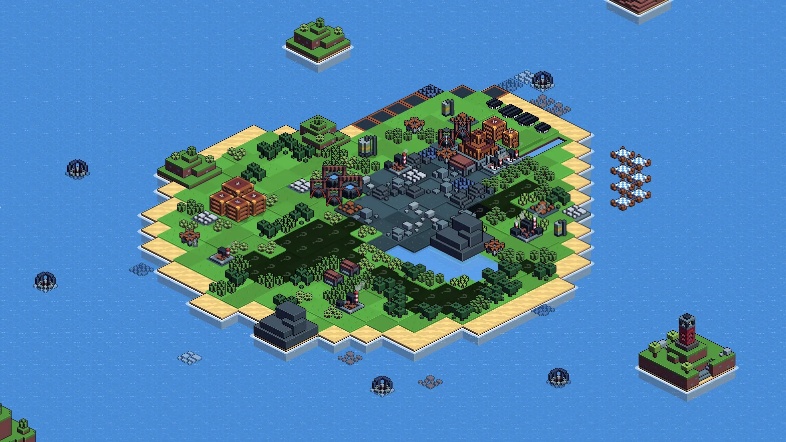 Green island with orange buildings and a sand rim, small satellite islets, blue water around