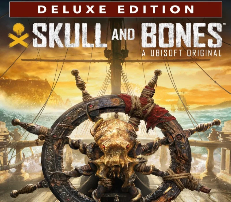 Skull and Bones Deluxe Edition cover with a ship wheel and a burning harbor.
