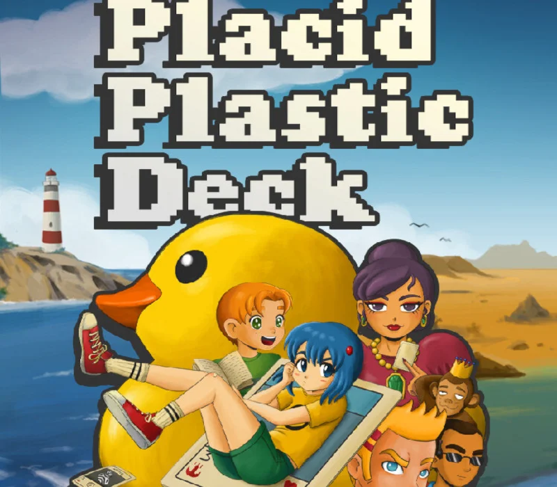 Placid Plastic Deck cover: giant yellow duck, pixel teens on a lounge chair, lighthouse, beach crowd