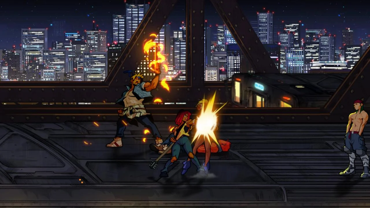 Night bridge fight with a flaming punch, a staff strike and the city skyline behind a train