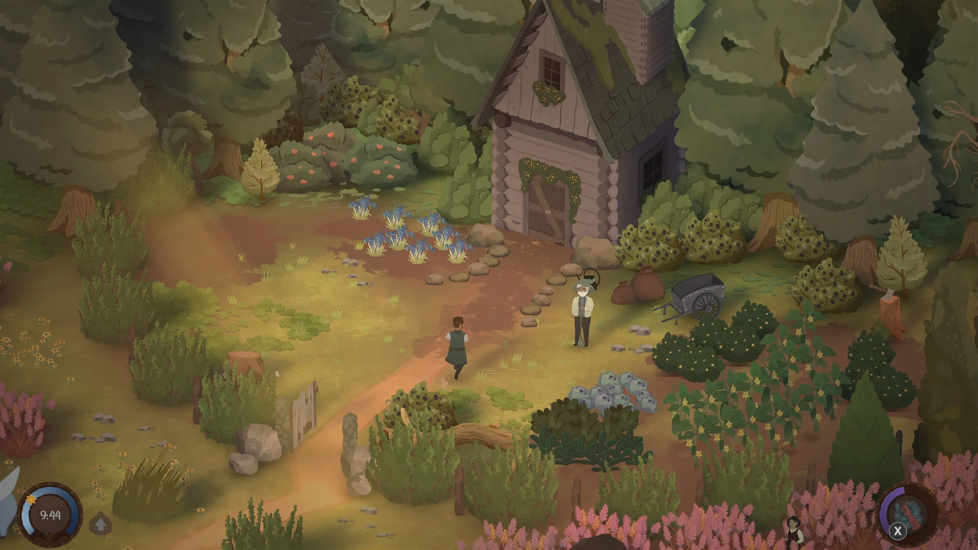 Cottage garden path with blue flowers, a student facing a villager by a wooden hut, wheelbarrow and cabbages in warm forest light