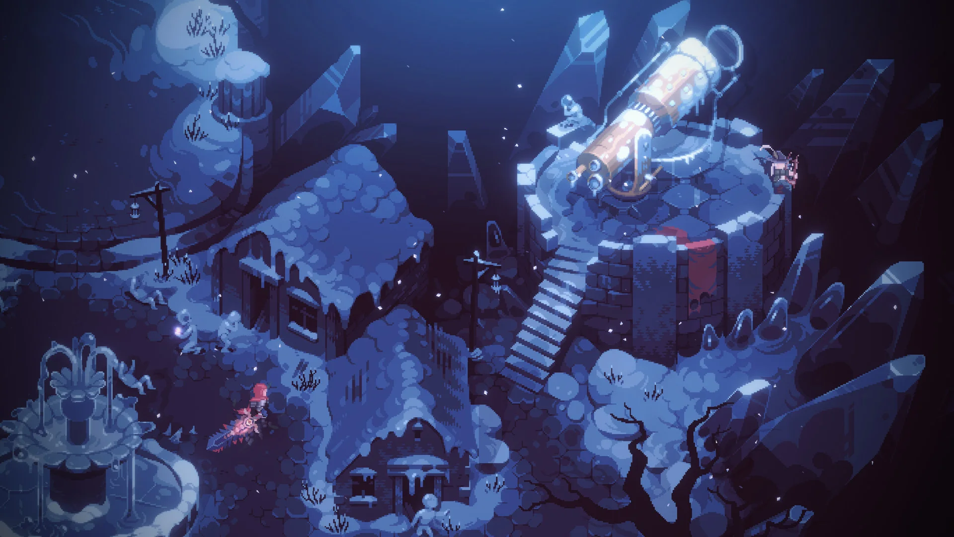 Snow village: giant telescope on a tower, frozen houses, fountain and a red warrior below