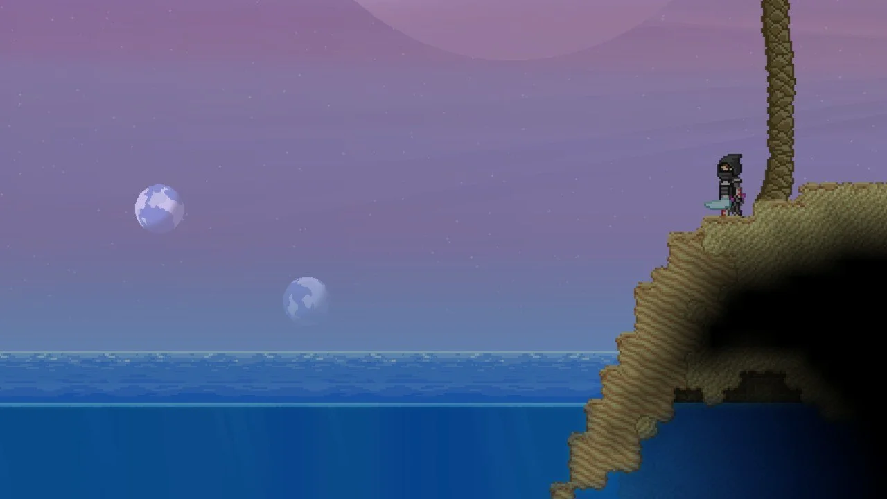 Hooded explorer on a cliff above an ocean, two moons in a purple sky