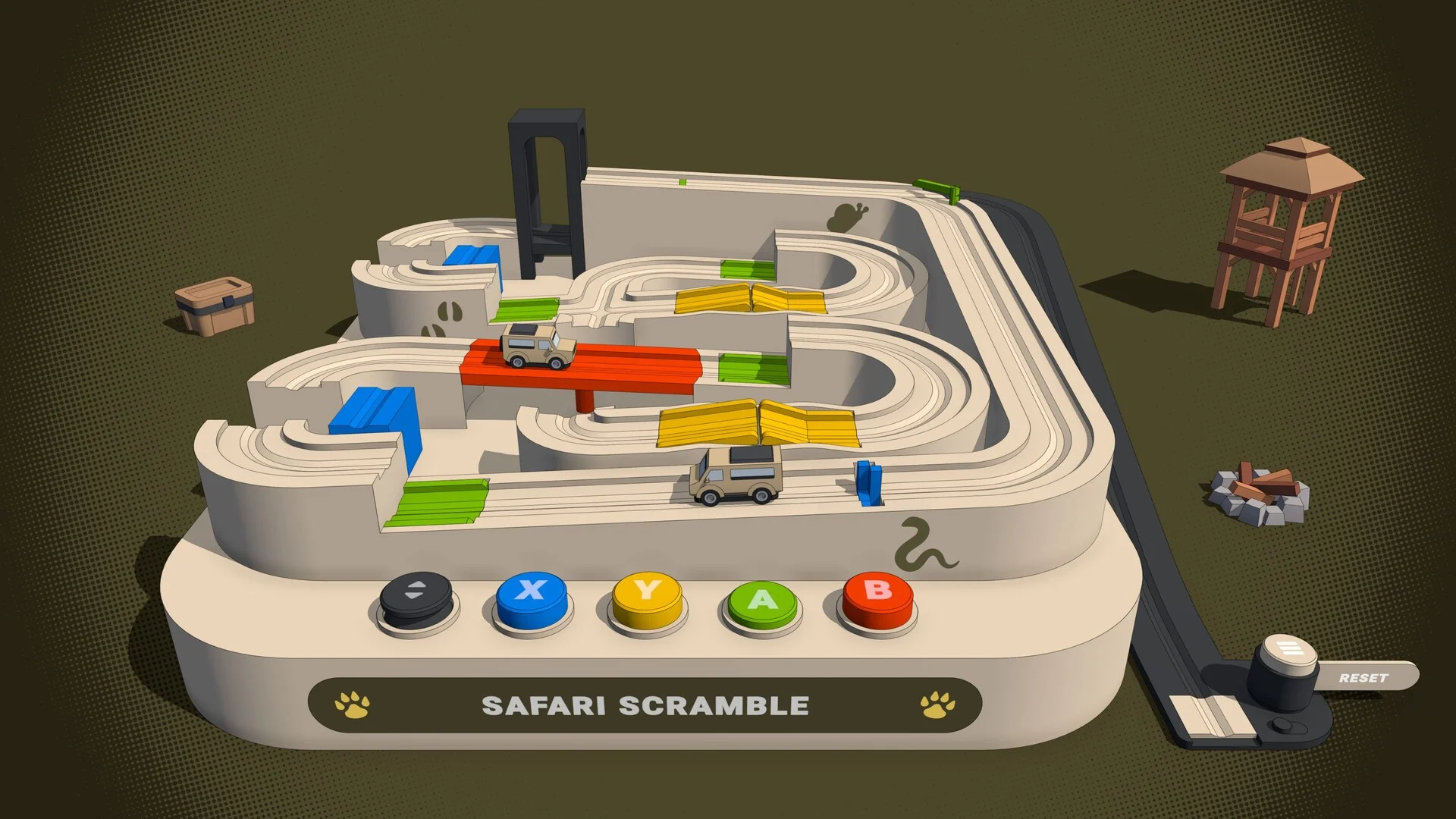 SAFARI SCRAMBLE beige marble-run with khaki jeeps on orange and yellow flaps, a wooden watchtower and paw-print badge on the table