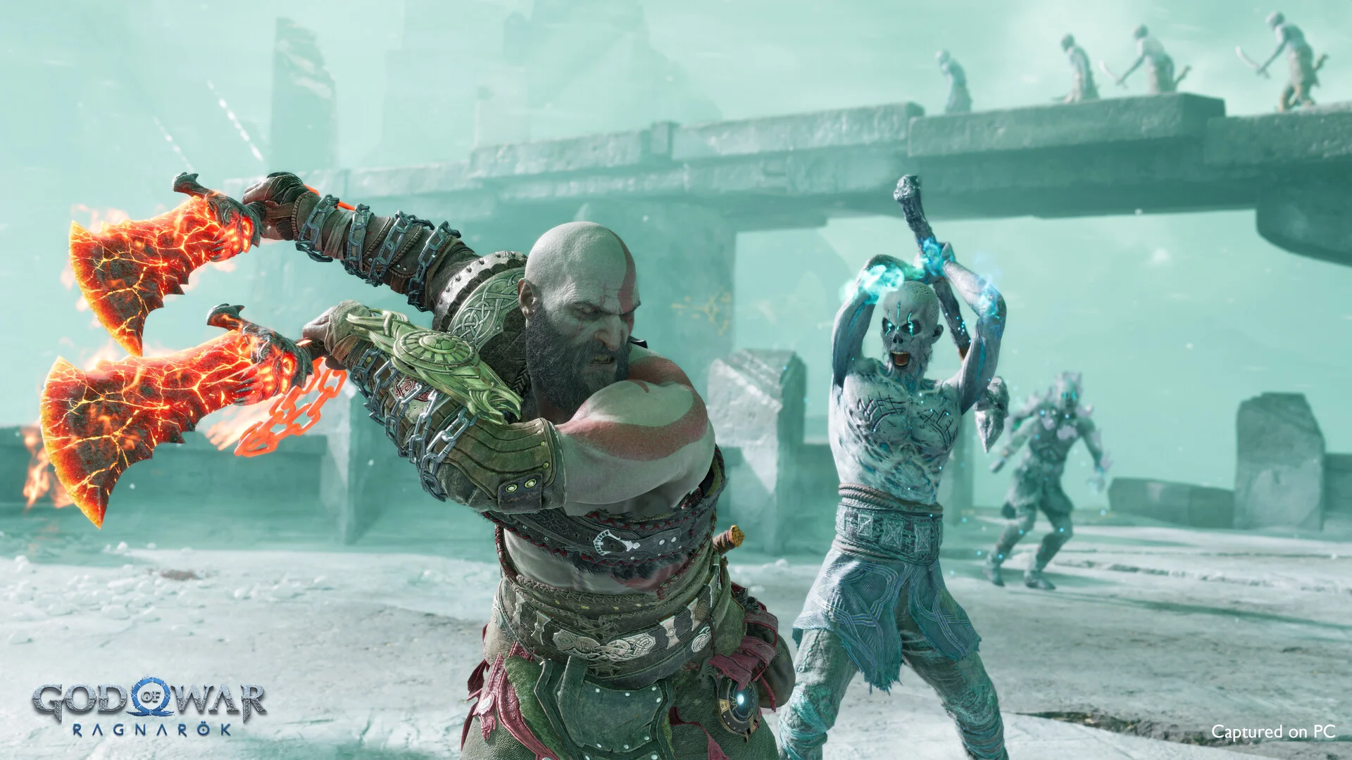 God of War Ragnarök Atreus drawing a bow in snowy ruins