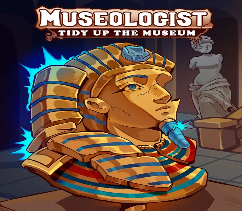 Museologist cover with a glowing reconstructed pharaoh bust and a classical statue