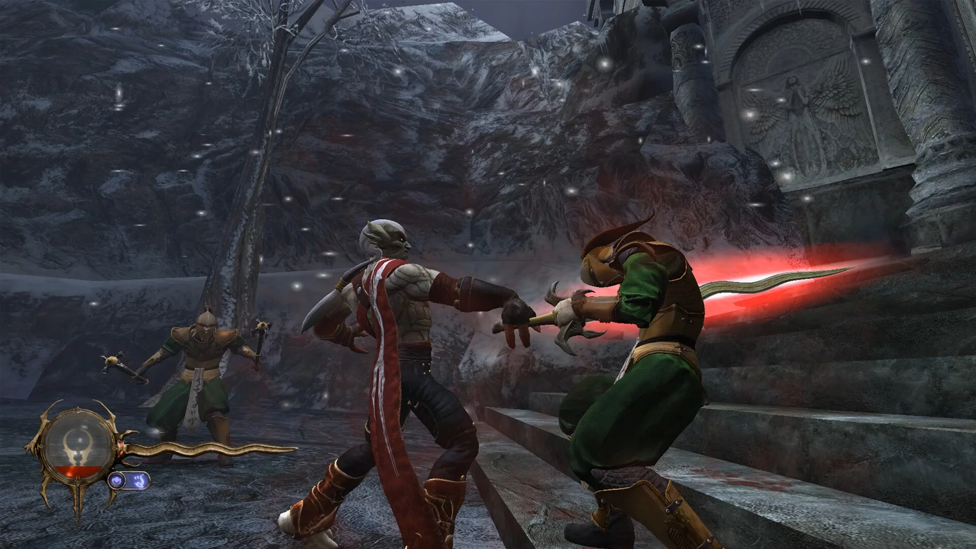 Snowy mountain steps where a red-sash warrior grapples a green fighter whose sword glows red, with a second fighter beside a bare tree