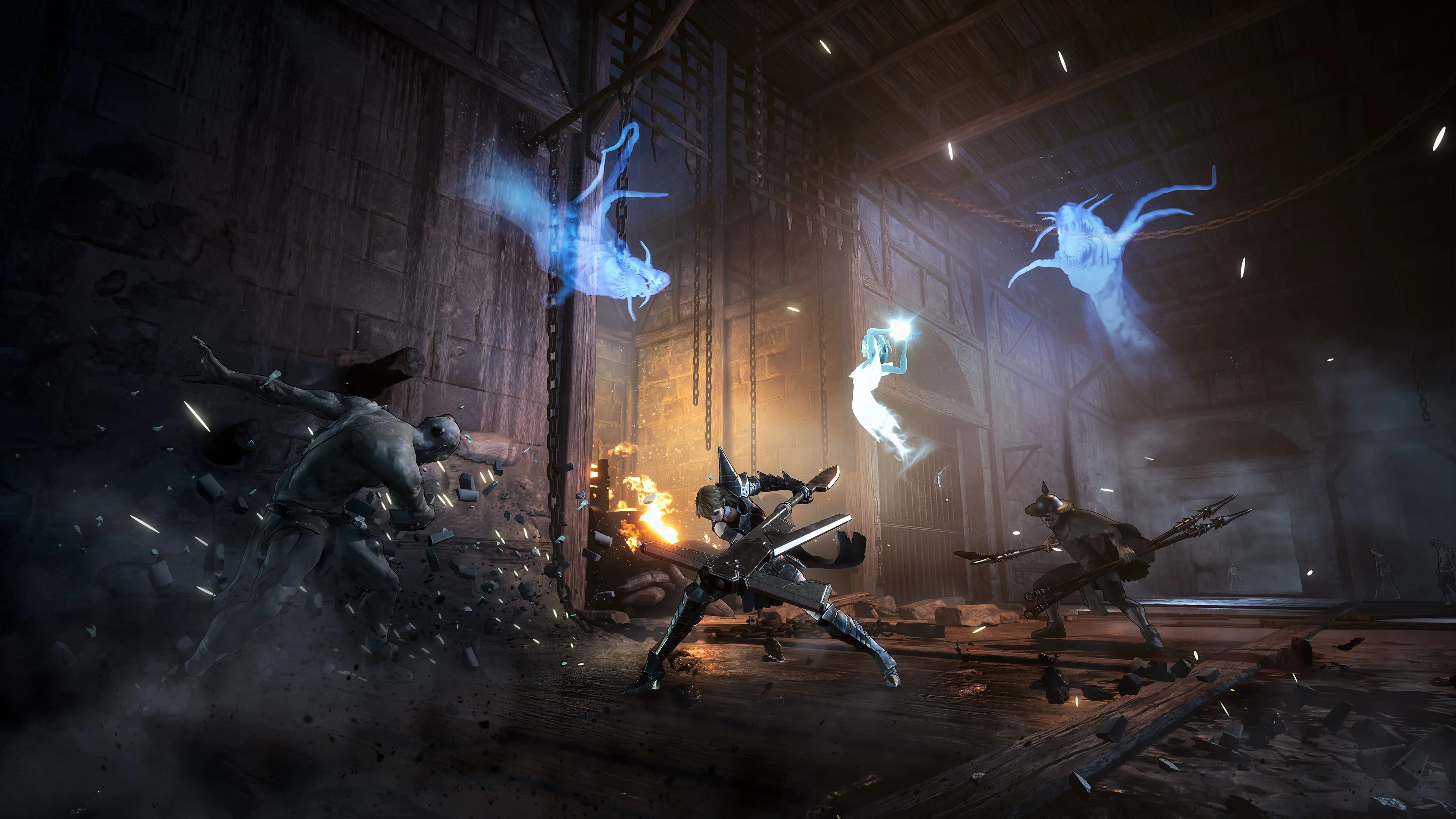 Briar swinging a greatsword in a timber hall while Lute’s shade and two blue wraiths hang in the air