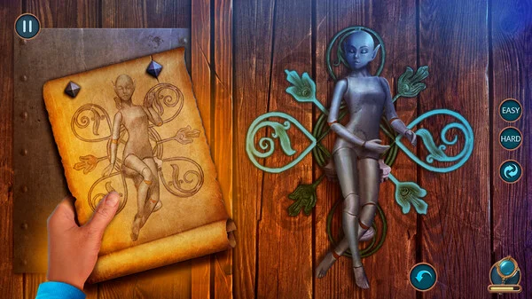 Matching a scroll drawing to a silver elf-like figure mounted on a wooden door