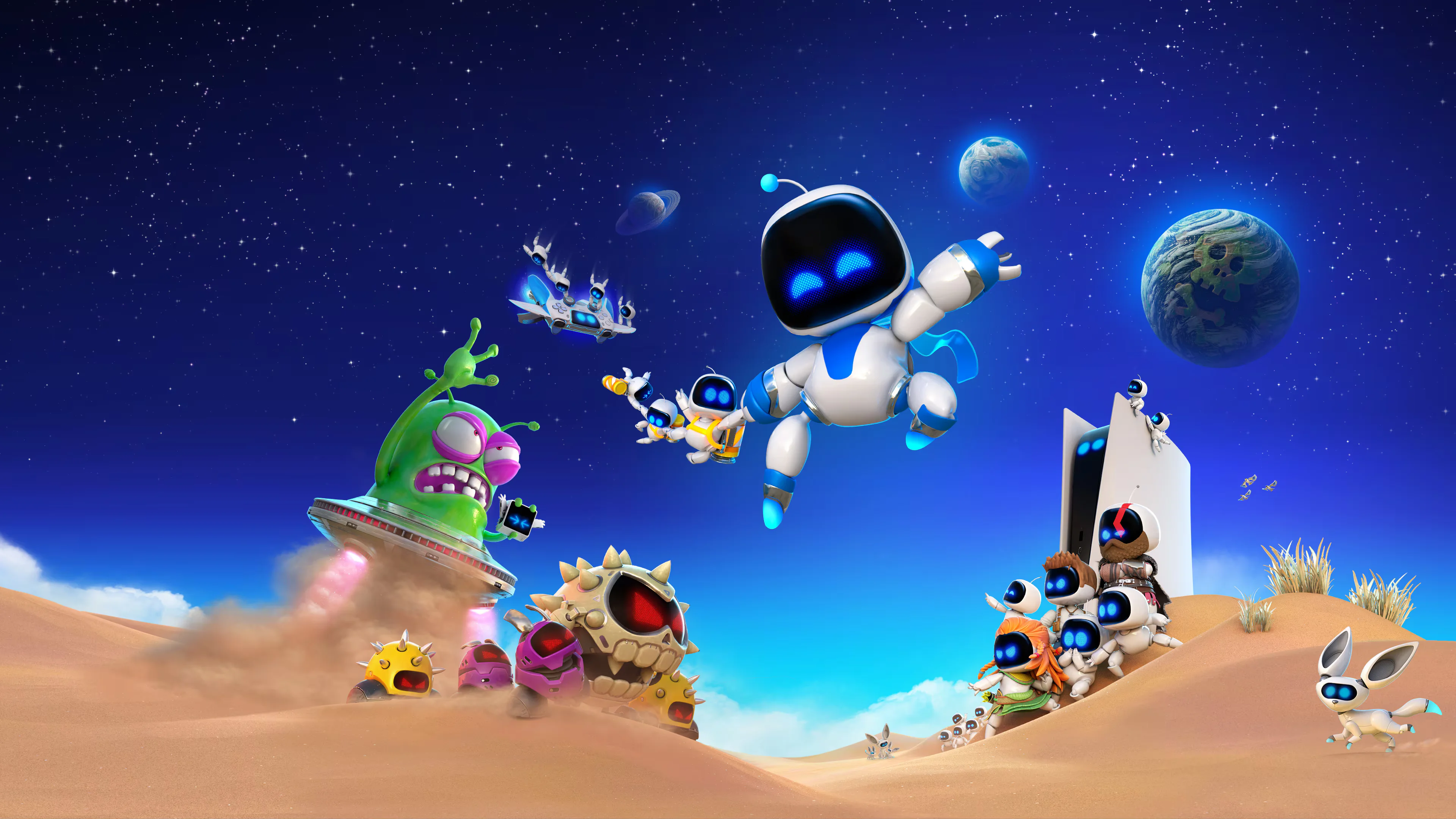 Astro Bot platforming across galaxy stages