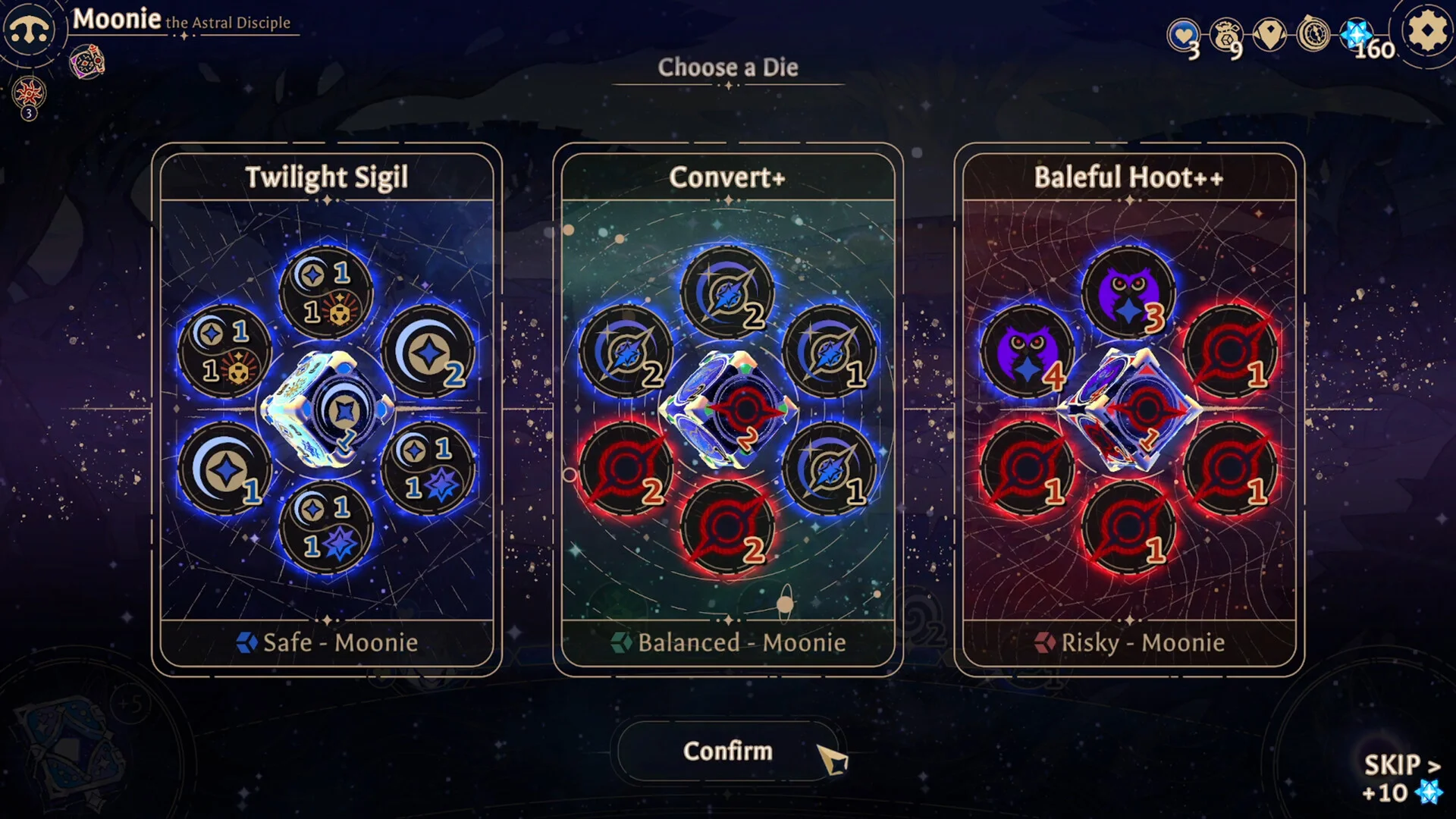 Choose a Die: Twilight Sigil, Convert+, Baleful Hoot++ on Safe Balanced Risky