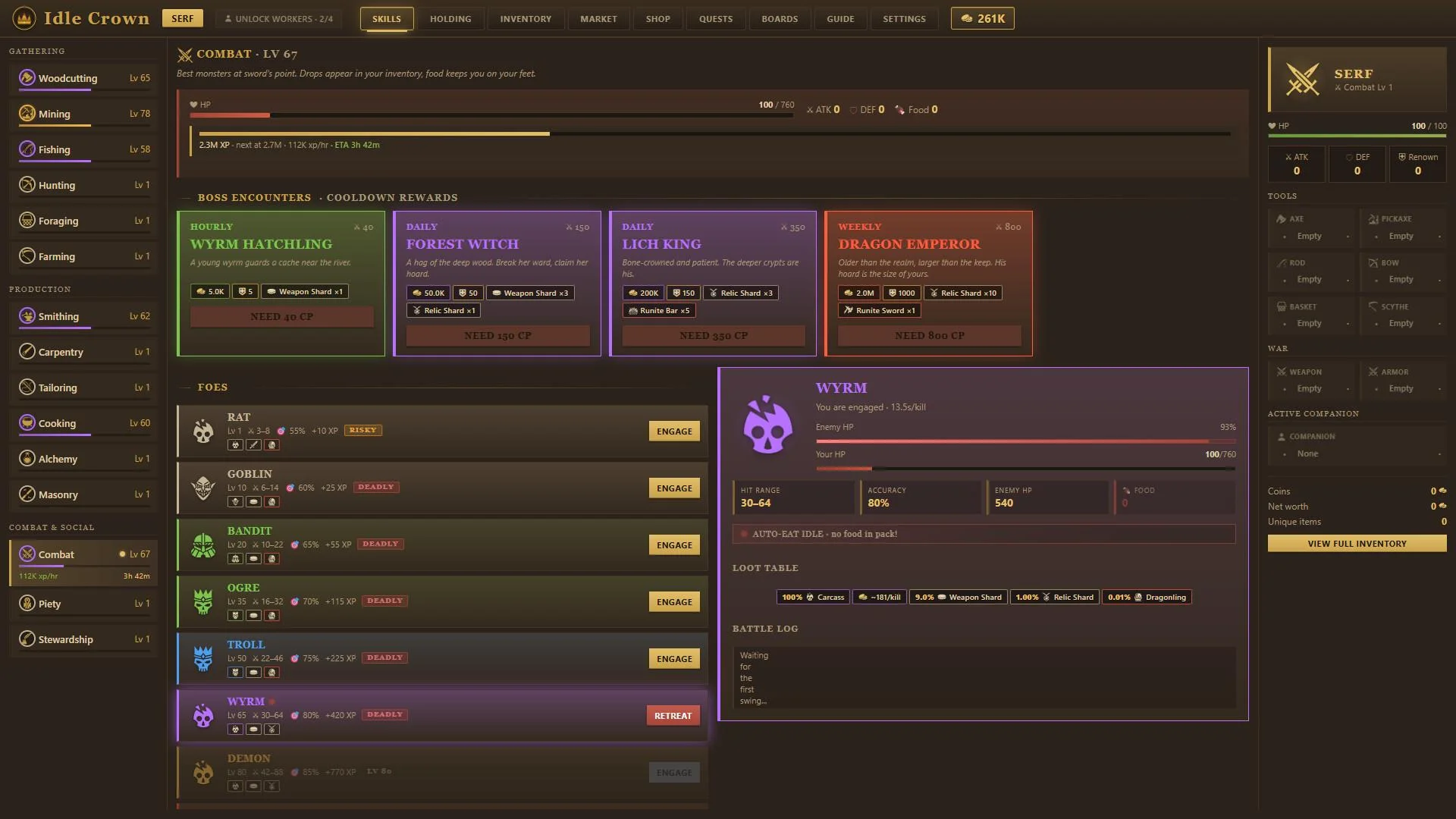 Idle Crown fifteen-skill grind from serf toward a throne