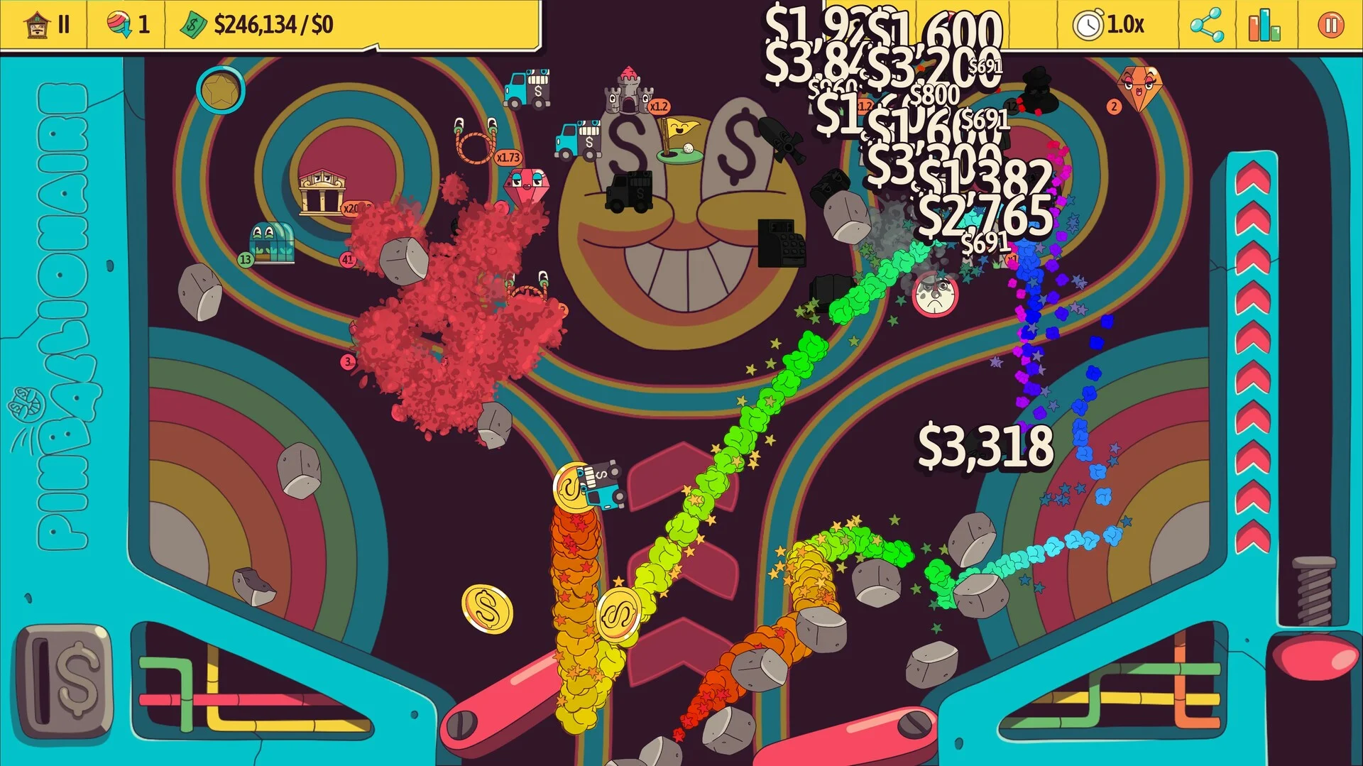 Pinballionaire table: grinning face, flippers, rainbow coin trails, $3318 payout