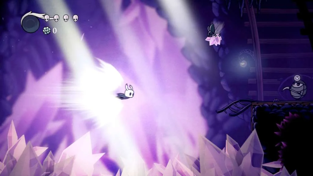 The Knight leaps through a bright crystal cavern past a flower-carrying bug