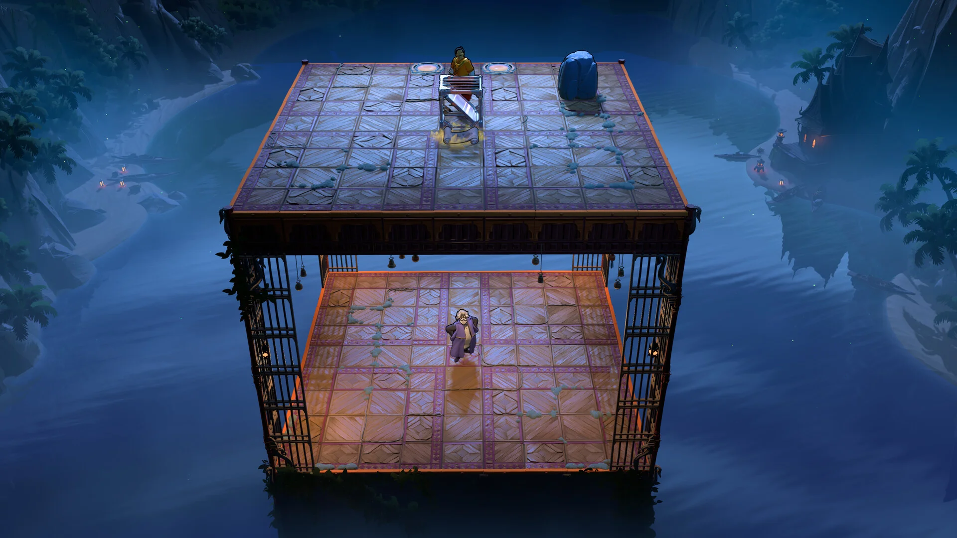 A two-storey pavilion over dark tropical water: a figure at a table on the upper tiled deck, another in purple on the lower floor