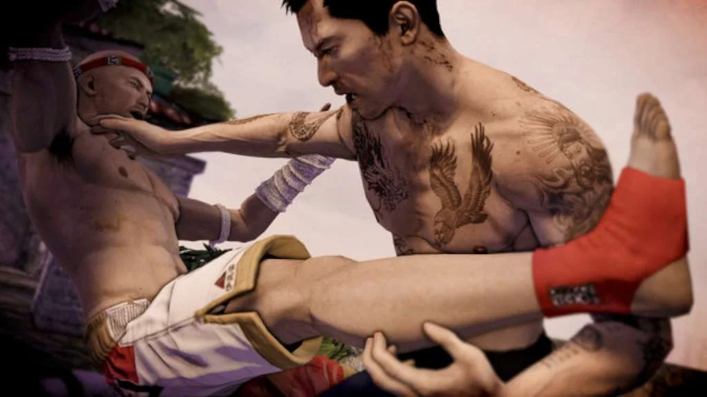 Shirtless Wei Shen with an eagle tattoo grabs a fighter in white shorts by the throat, the other man’s red-wrapped leg kicking across the frame