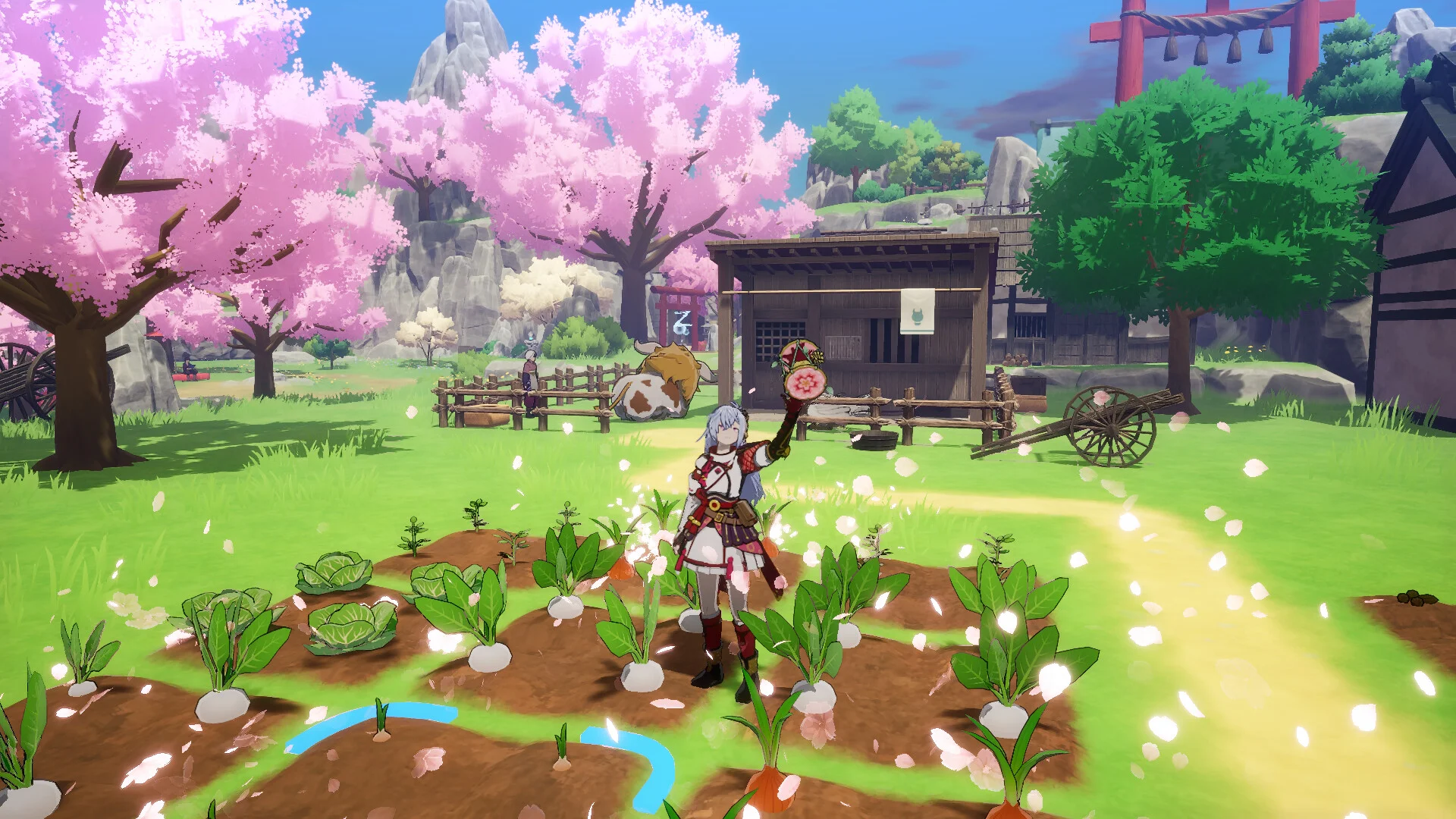 Silver-haired Earth Dancer raising a drumstick in a cabbage and carrot field under cherry blossom, wooden house and torii behind