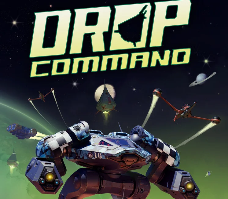 Okładka Drop Command z jasnozielonym logo, niebiesko-białym mechem, desantowcami i planetami